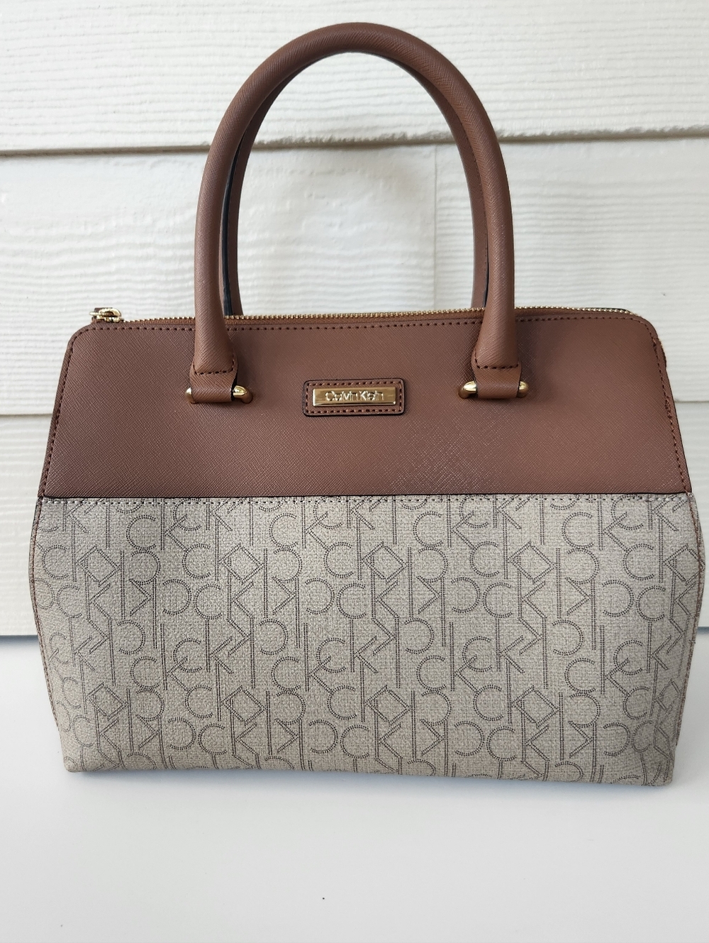 Calvin Klein Signature Tan and Brown Satchel/Crossbody Handbag, Like New